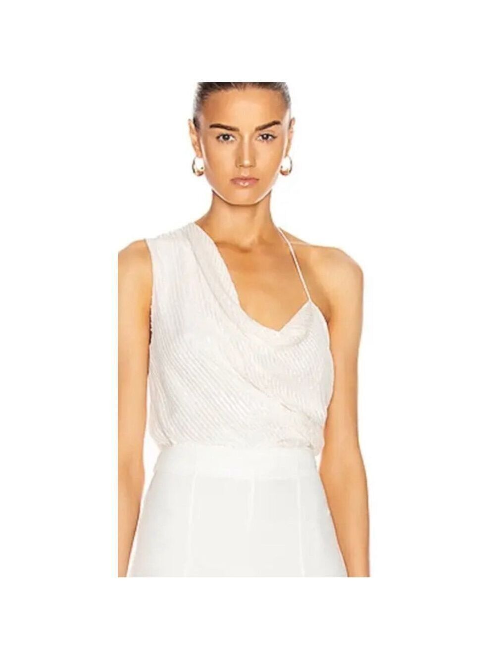 Cushnie Silk Tank Top Size 4 White Asymmetrical Draped Iridescent Pailette Emb.